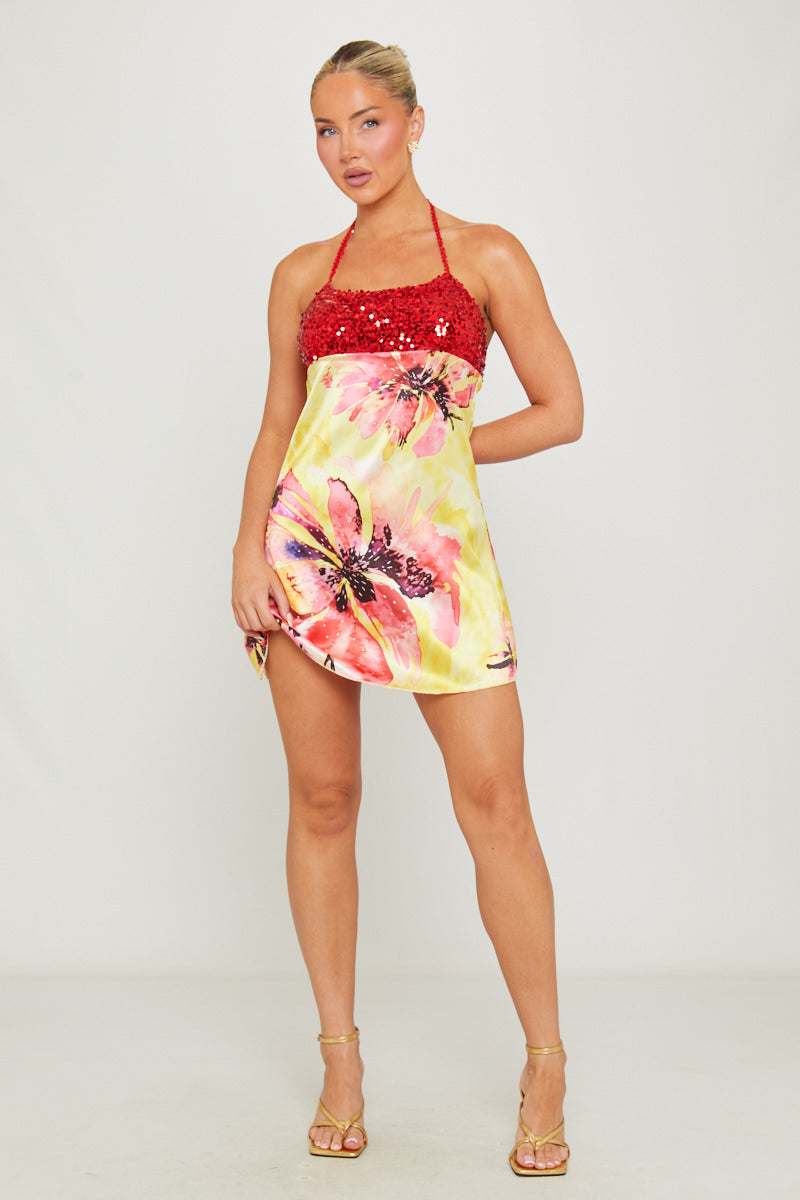 Floral Watercolour Print Sparkle Halter Yellow Mini Dress