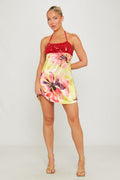 Floral Watercolour Print Sparkle Halter Yellow Mini Dress