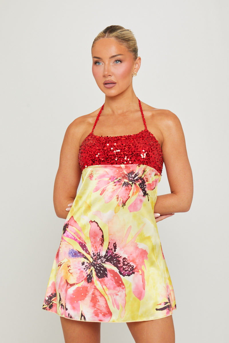 Floral Watercolour Print Sparkle Halter Yellow Mini Dress