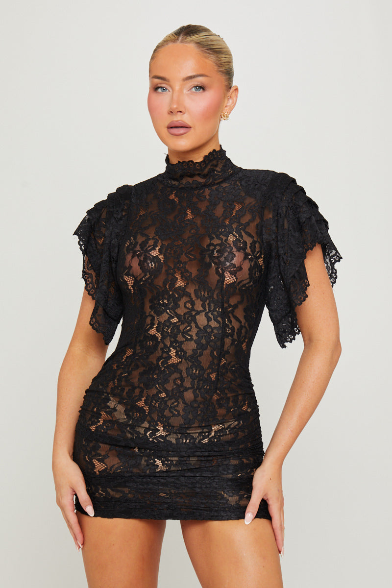 Semi-Sheer Lace Ruche-Detail Fitted Black Mini Dress