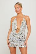 Silver Mini Dress - Sequin V-Plunge Halter Fitted