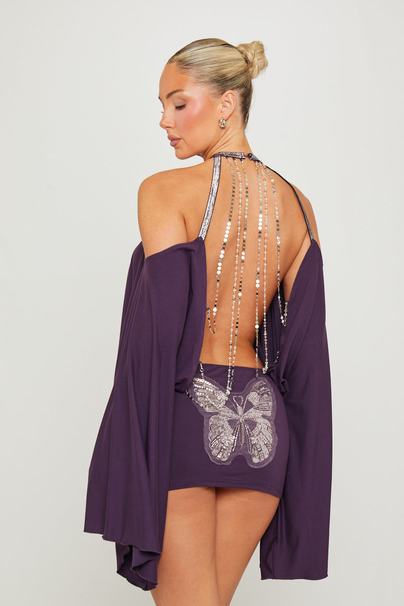 Purple Mini Dress - Embellished Butterfly Fitted