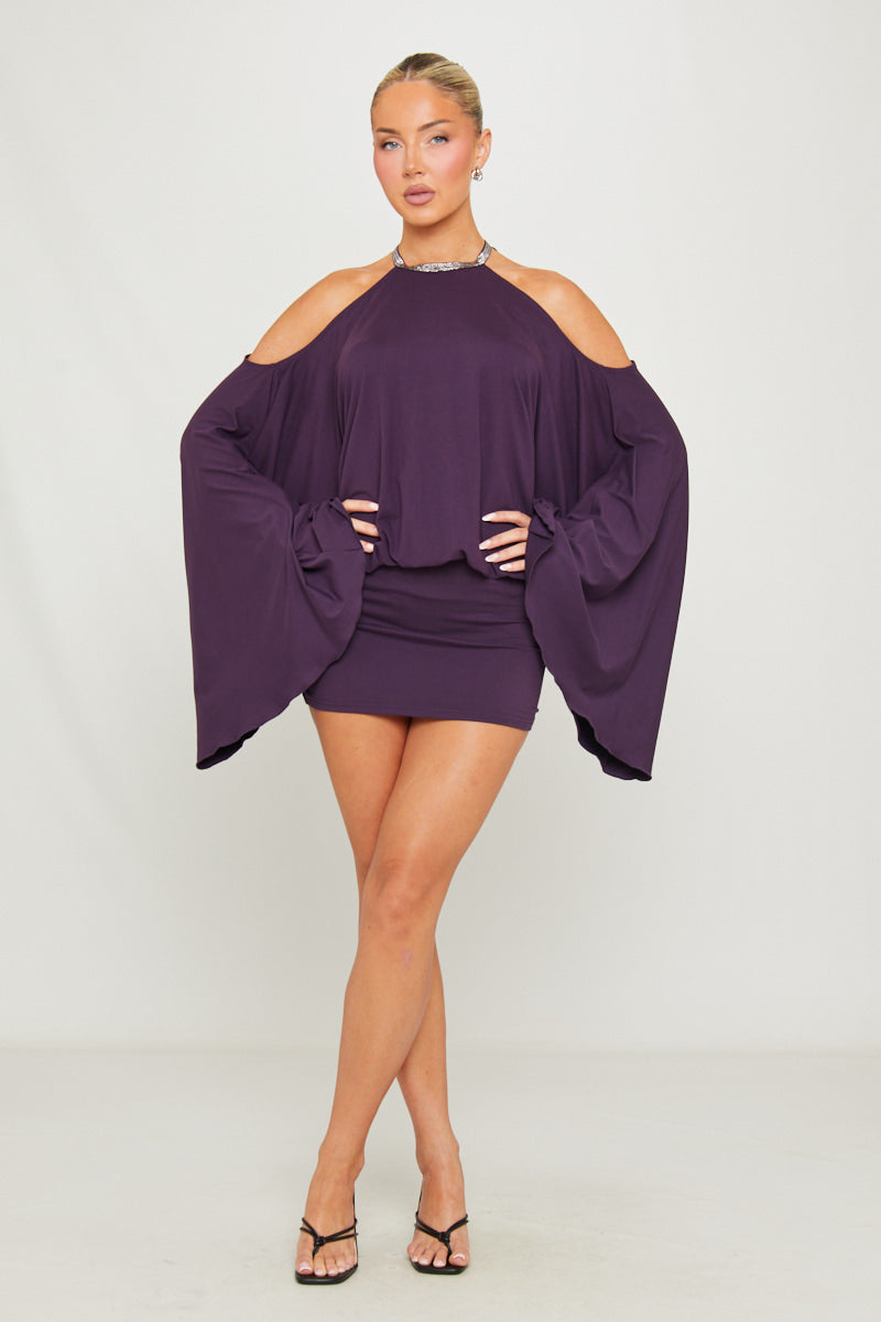 Purple Mini Dress - Embellished Butterfly Fitted