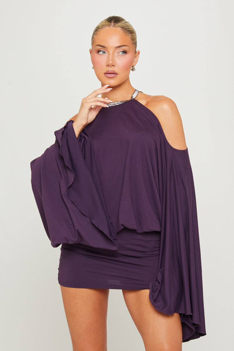 Purple Mini Dress - Embellished Butterfly Fitted