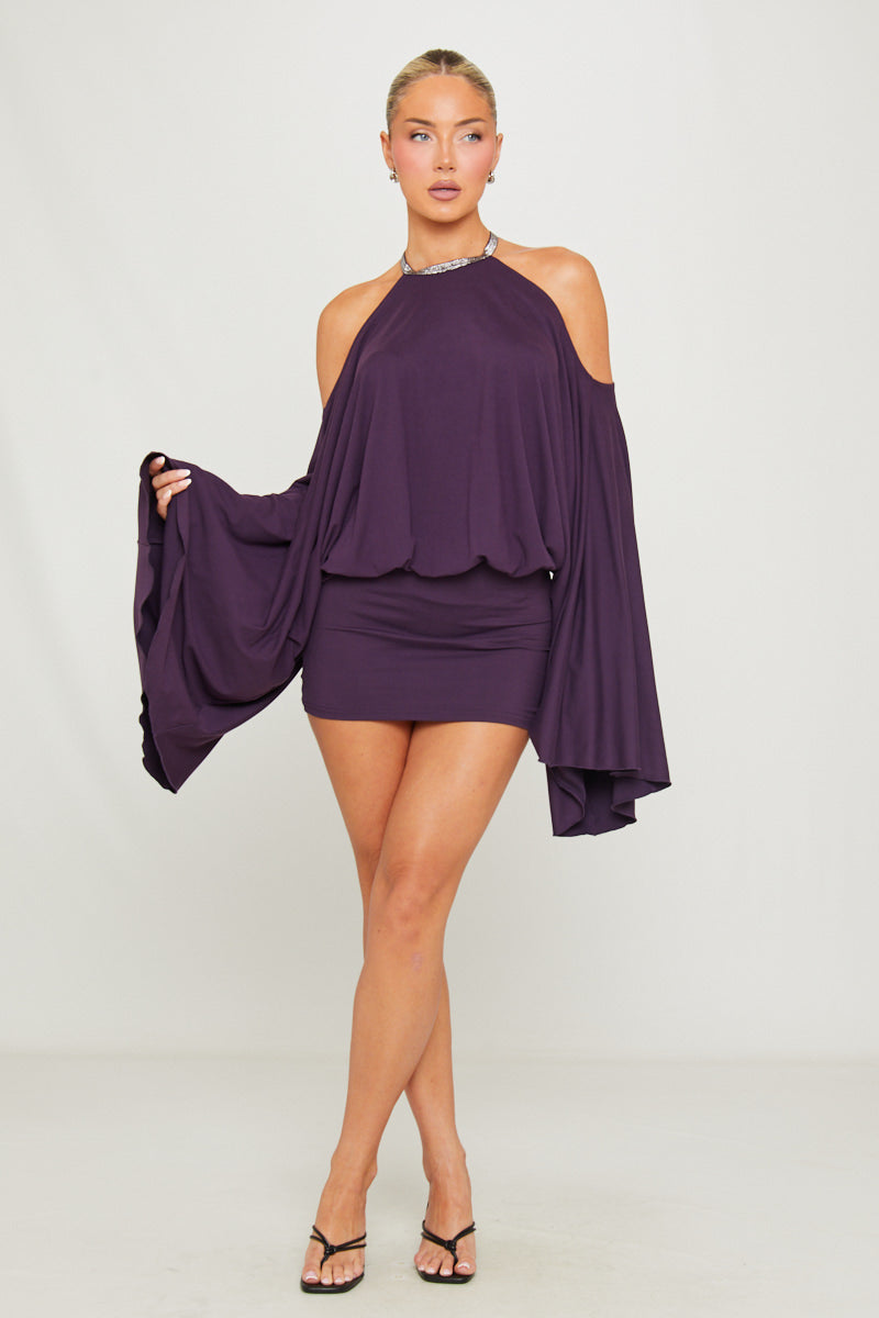 Purple Mini Dress - Embellished Butterfly Fitted