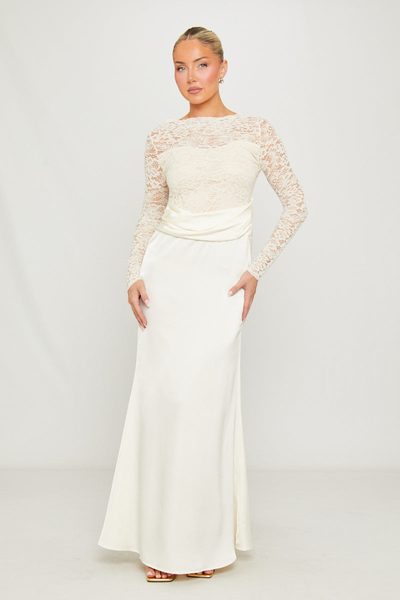 Lace Detail Satin Cowl-Neck Fitted White Maxi Dress