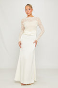 Lace Detail Satin Cowl-Neck Fitted White Maxi Dress