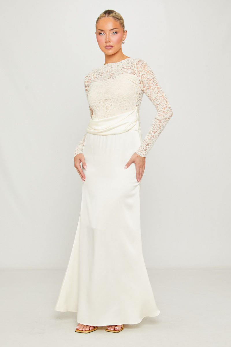 Lace Detail Satin Cowl-Neck Fitted White Maxi Dress