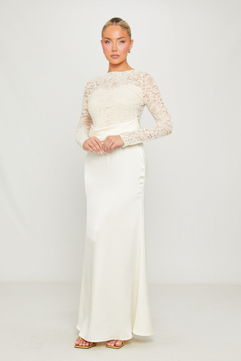 Lace Detail Satin Cowl-Neck Fitted White Maxi Dress