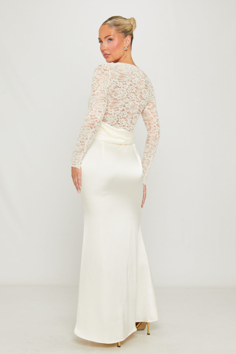 Lace Detail Satin Cowl-Neck Fitted White Maxi Dress