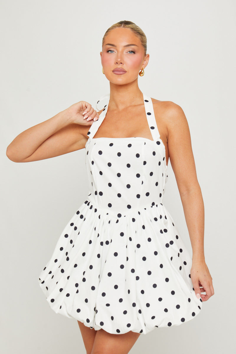 White Mini Dress - Polka Dot Puffball Halter