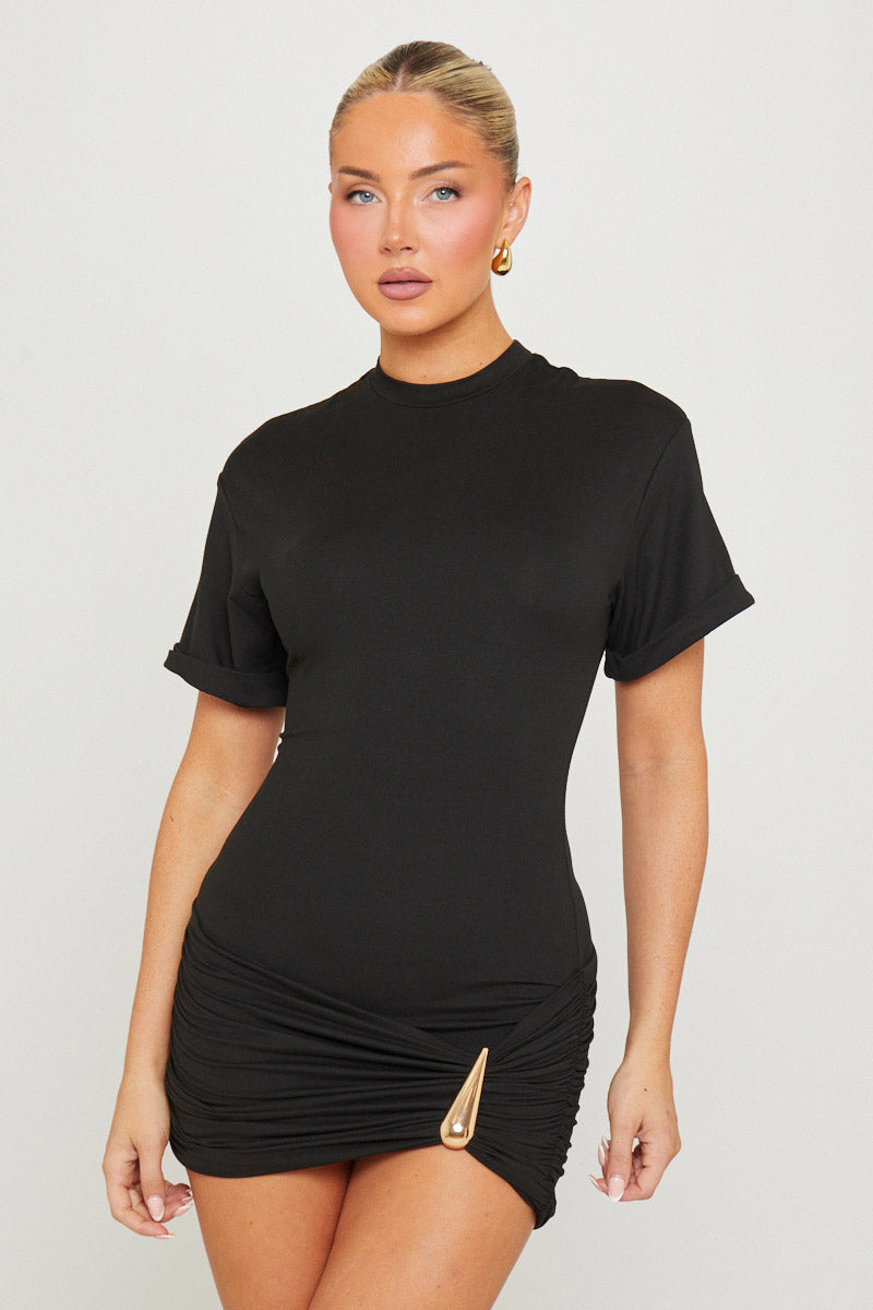 Structured-Shoulder Gold Buckle Black Mini Dress