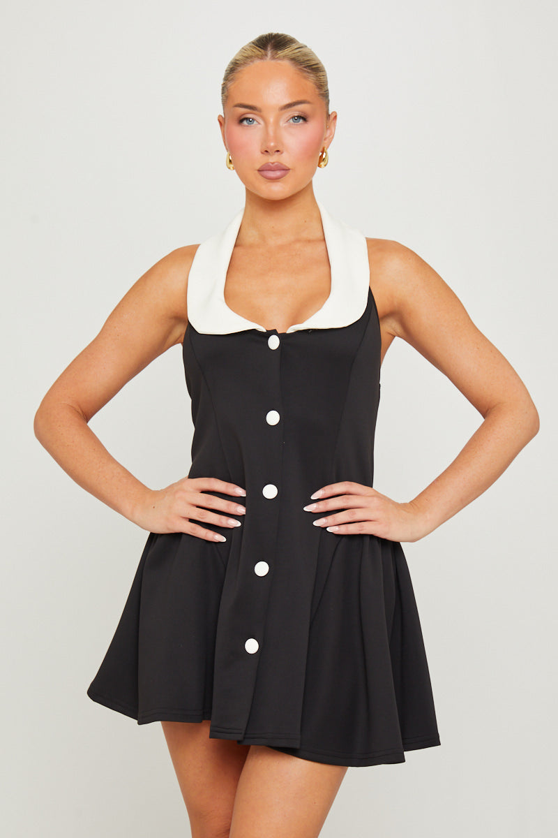 Black Contrast Collared Fluted Mini Dress - AMRONI