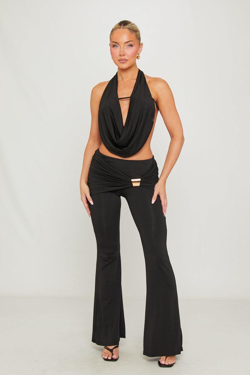 Cowl Halter Top & Flare Trouser Co-Ord in Black
