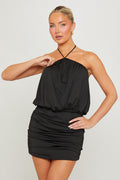 Black Halter Gathered Curve-Hugging Mini Dress - AMRONI