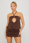 Brown Halter Keyhole Cut Out Mini Dress
