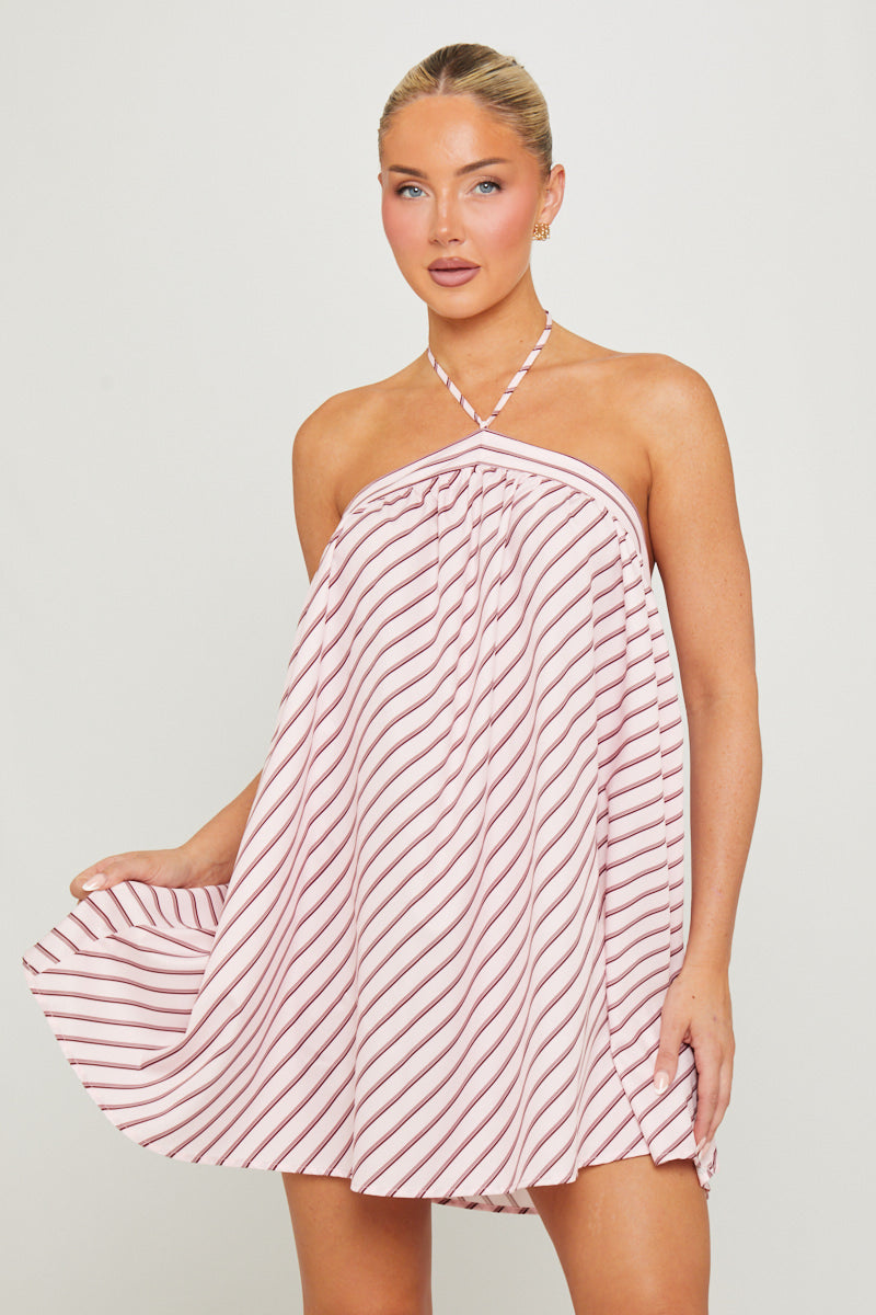 Pink Halter Stripe Low Back Mini Dress