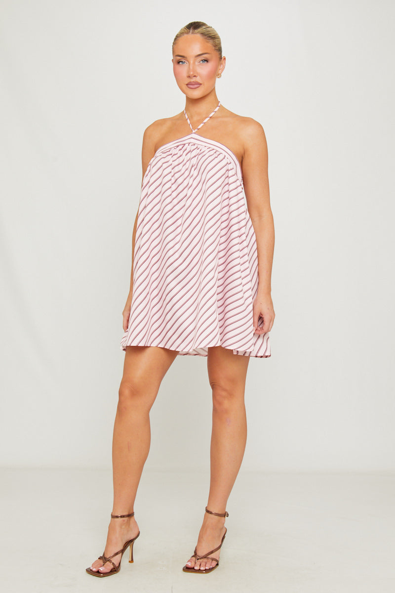 Pink Halter Stripe Low Back Mini Dress