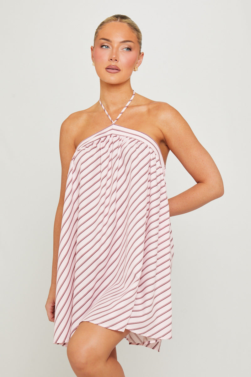 Pink Halter Stripe Low Back Mini Dress