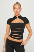 Multi Cut Out Detail High Neck Top in Black
