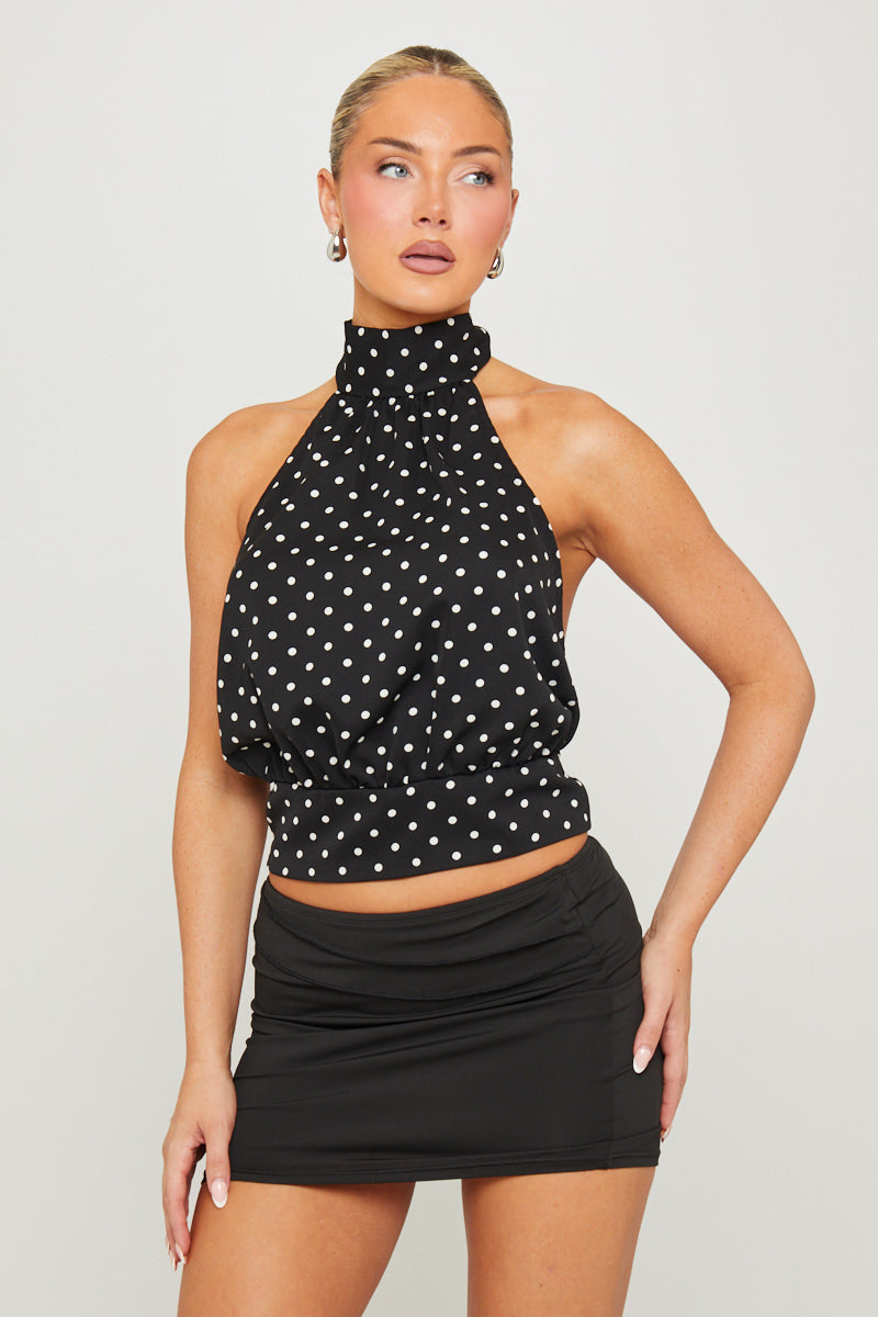 Polka Dot Halterneck Open Back Top in Black