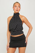 Polka Dot Halterneck Open Back Top in Black