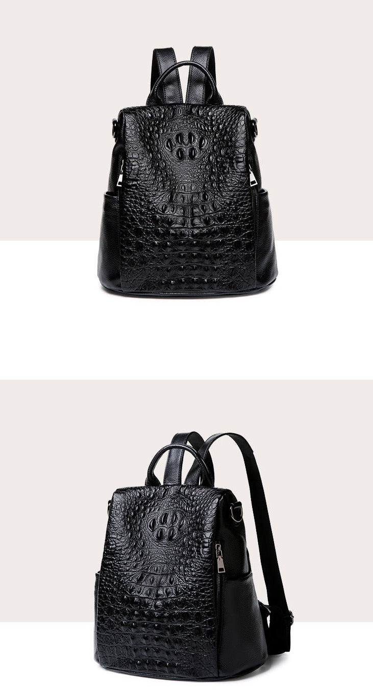 Croc-Effect Genuine Leather Backpack