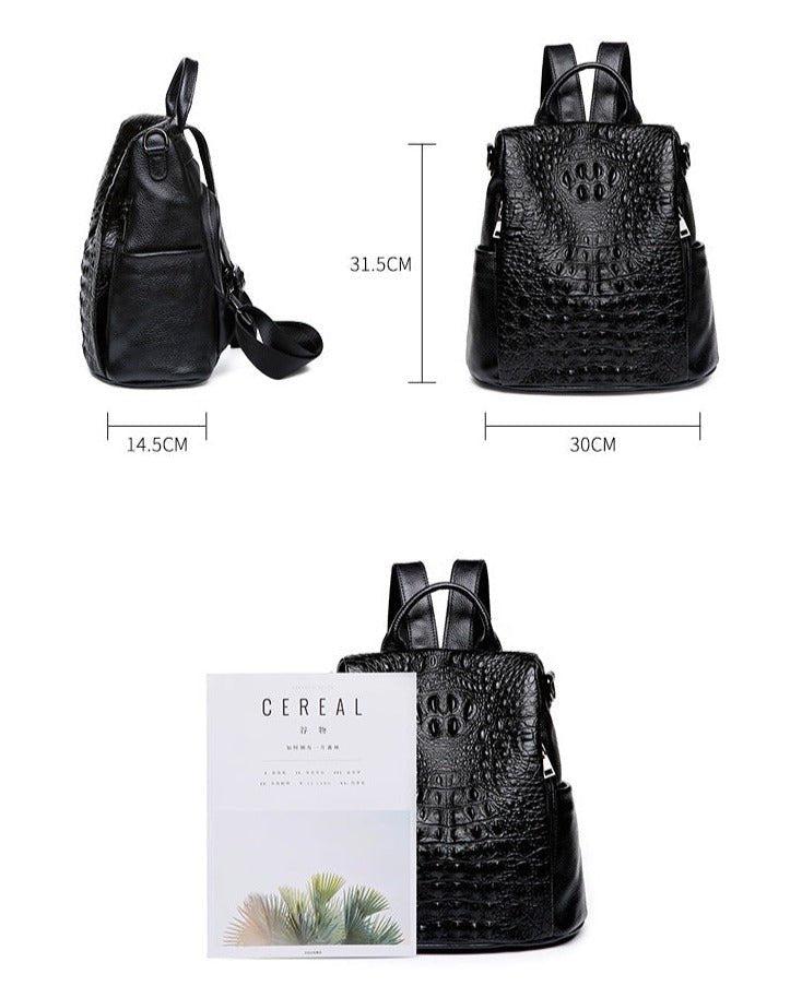 Croc-Effect Genuine Leather Backpack