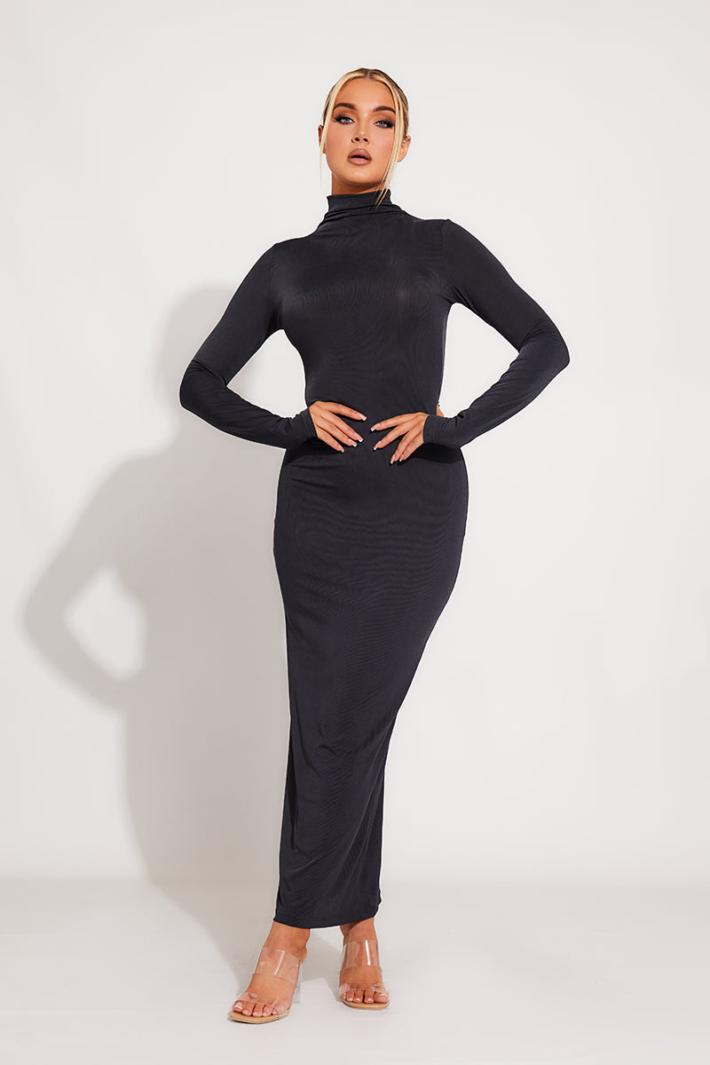 Dark Grey Midi Dress - Rib-Knit Mock Neck Full Sleeve
