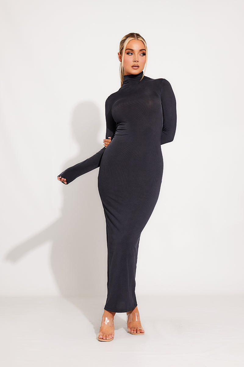 Dark Grey Midi Dress - Rib-Knit Mock Neck Full Sleeve