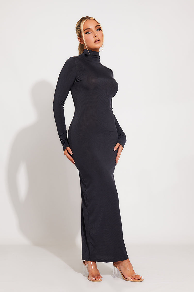 Dark Grey Midi Dress - Rib-Knit Mock Neck Full Sleeve