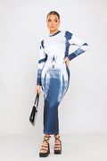 Blue & White Artistic Print High-Neck Midi Dress - AMRONI