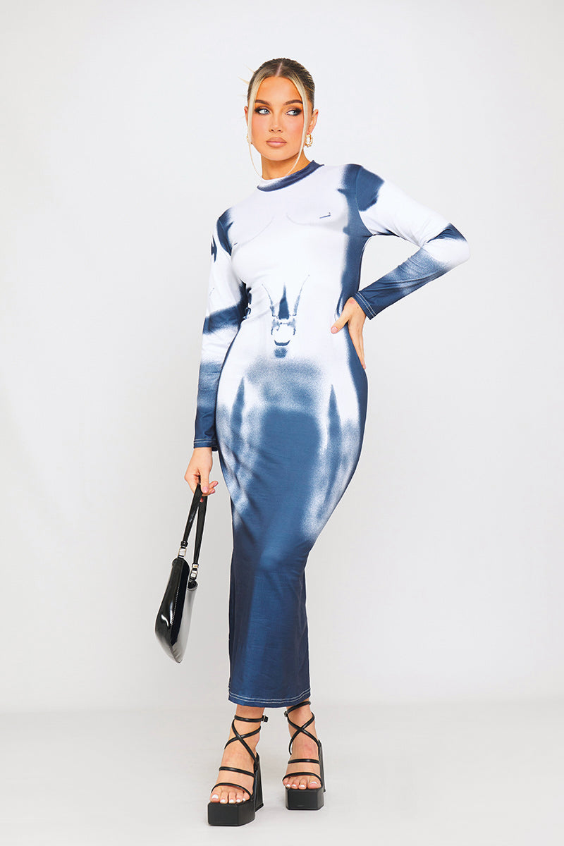 Blue & White Artistic Print High-Neck Midi Dress - AMRONI