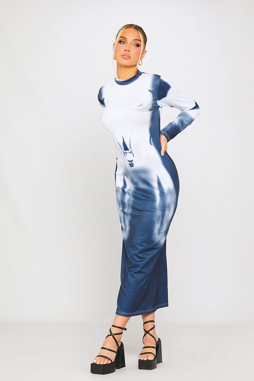 Blue & White Artistic Print High-Neck Midi Dress - AMRONI