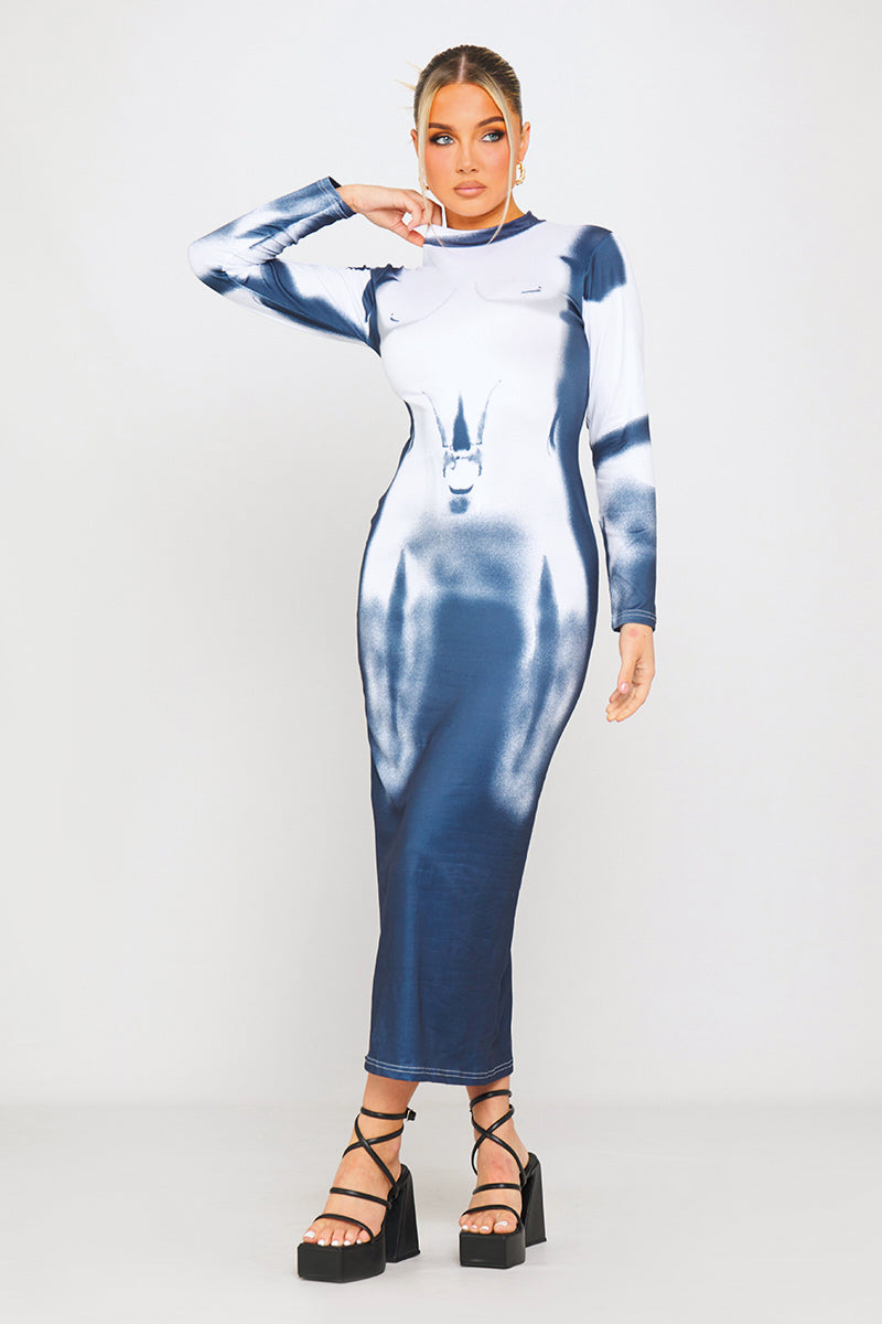 Blue & White Artistic Print High-Neck Midi Dress - AMRONI