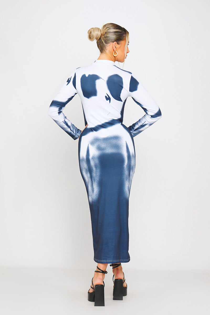 Blue & White Artistic Print High-Neck Midi Dress - AMRONI