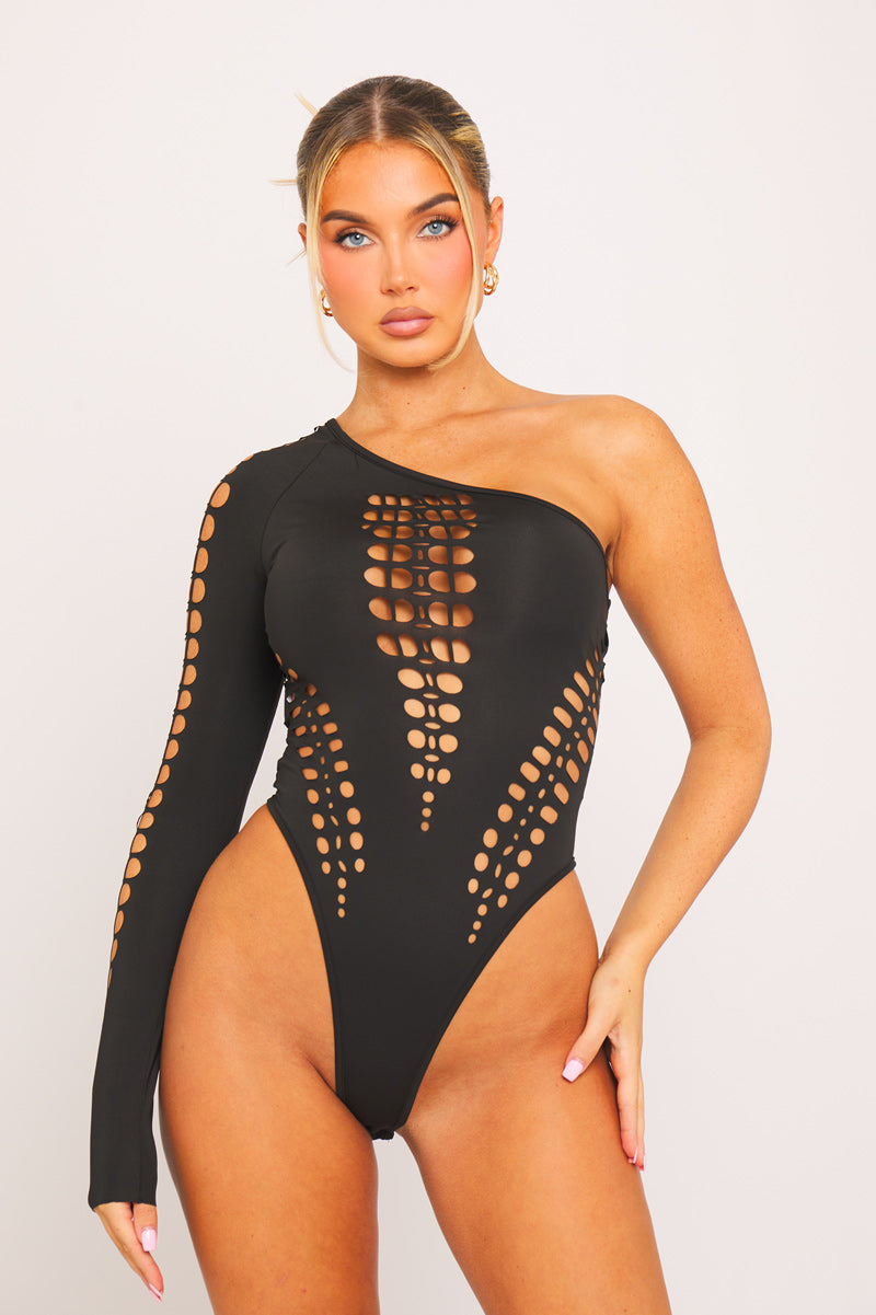 Black Multi Cut Out One Shoulder Bodysuit