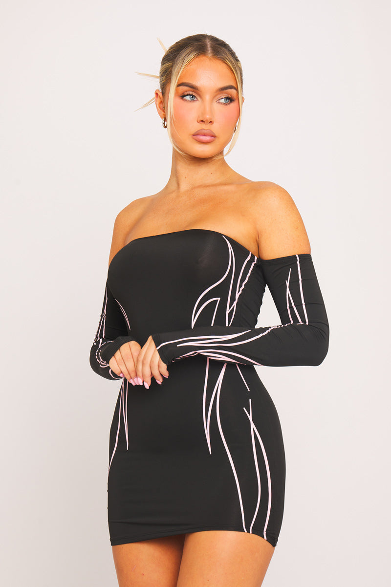Black Bardot Lightning Bolt Long Sleeve Mini Dress - AMRONI