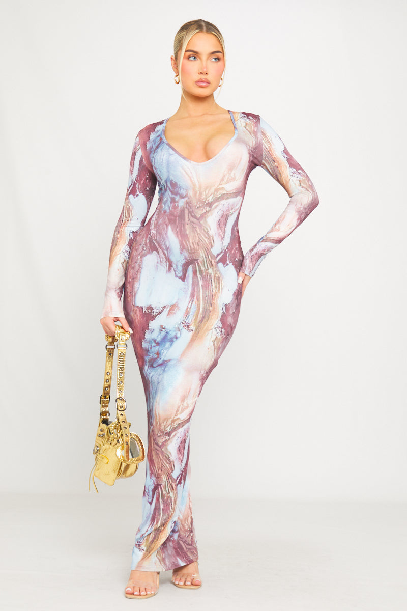 Multi Graphic-Print Plunging Tie Back Long Sleeve Maxi Dress - AMRONI