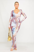 Multi Graphic-Print Plunging Tie Back Long Sleeve Maxi Dress - AMRONI