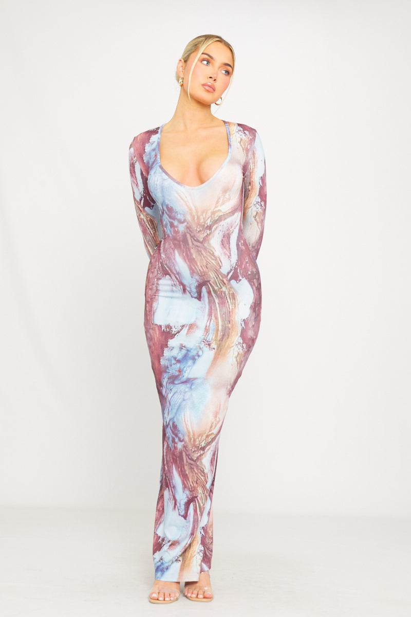 Multi Graphic-Print Plunging Tie Back Long Sleeve Maxi Dress - AMRONI