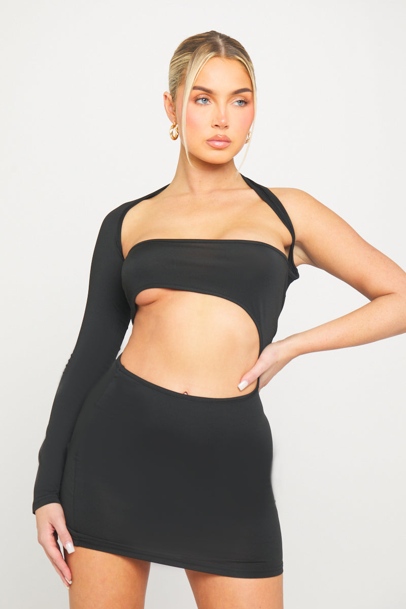 Black Cut-Out Detail One Sleeve Bodycon Mini Dress - AMRONI