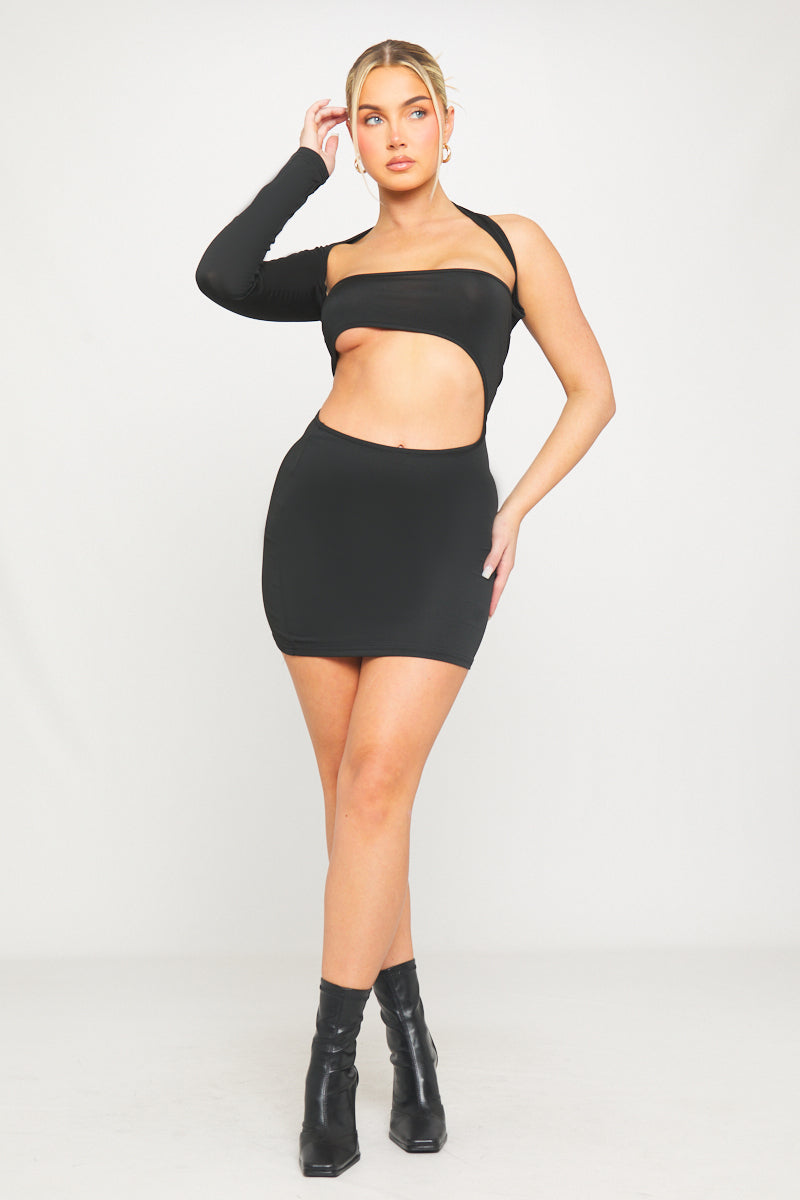 Black Cut-Out Detail One Sleeve Bodycon Mini Dress - AMRONI