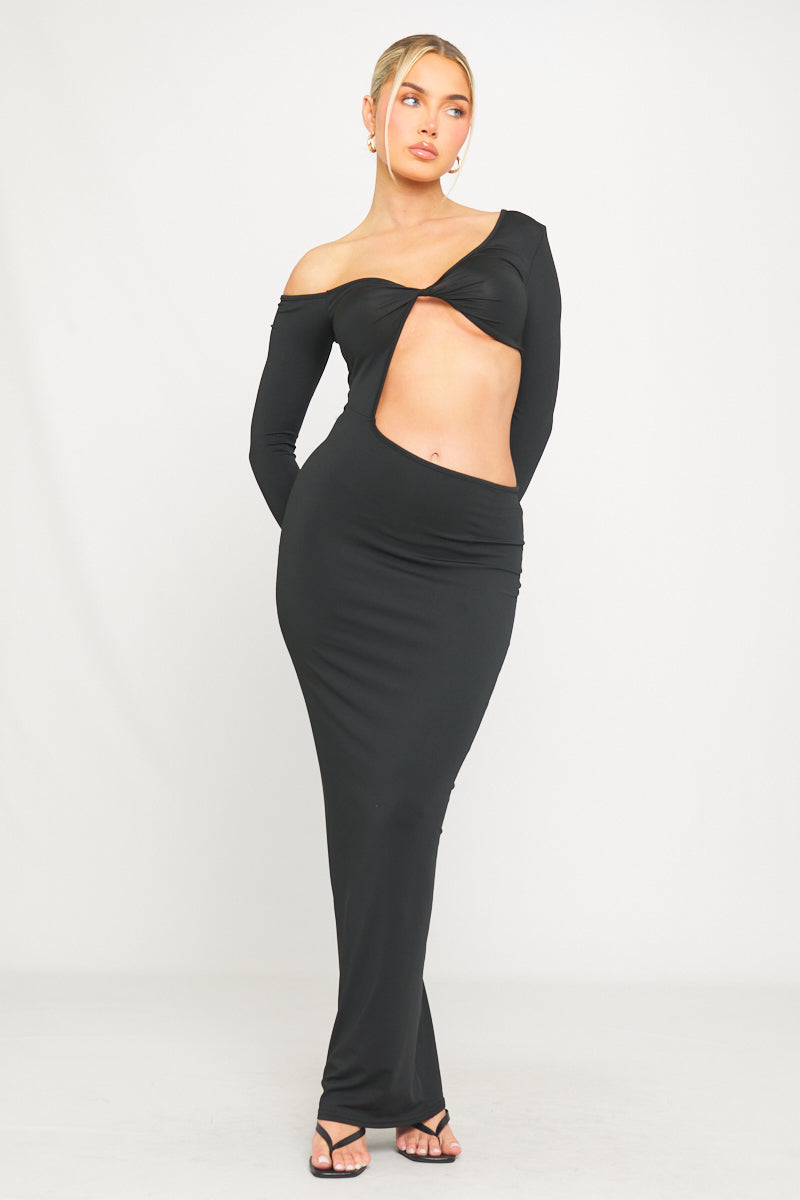 Black Cutout Knot-Front Full Sleeve Maxi Dress