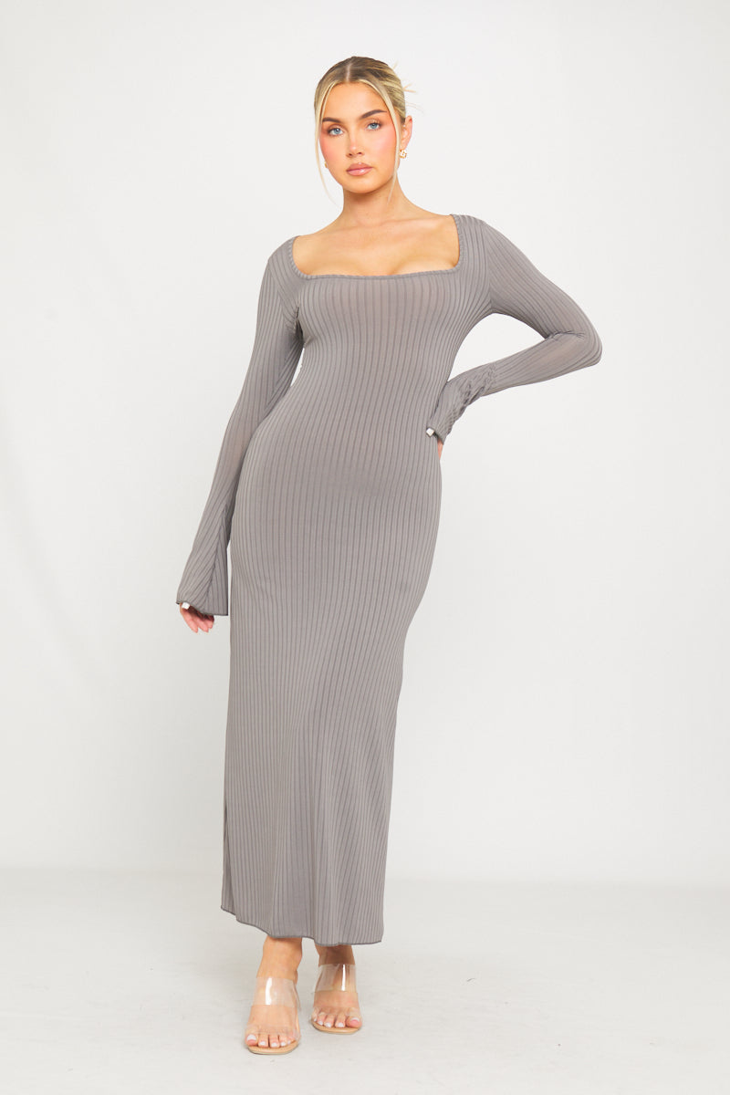 Grey Rib-Knit Fishtail Square-Neck Maxi Dress - AMRONI