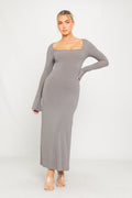 Grey Rib-Knit Fishtail Square-Neck Maxi Dress - AMRONI