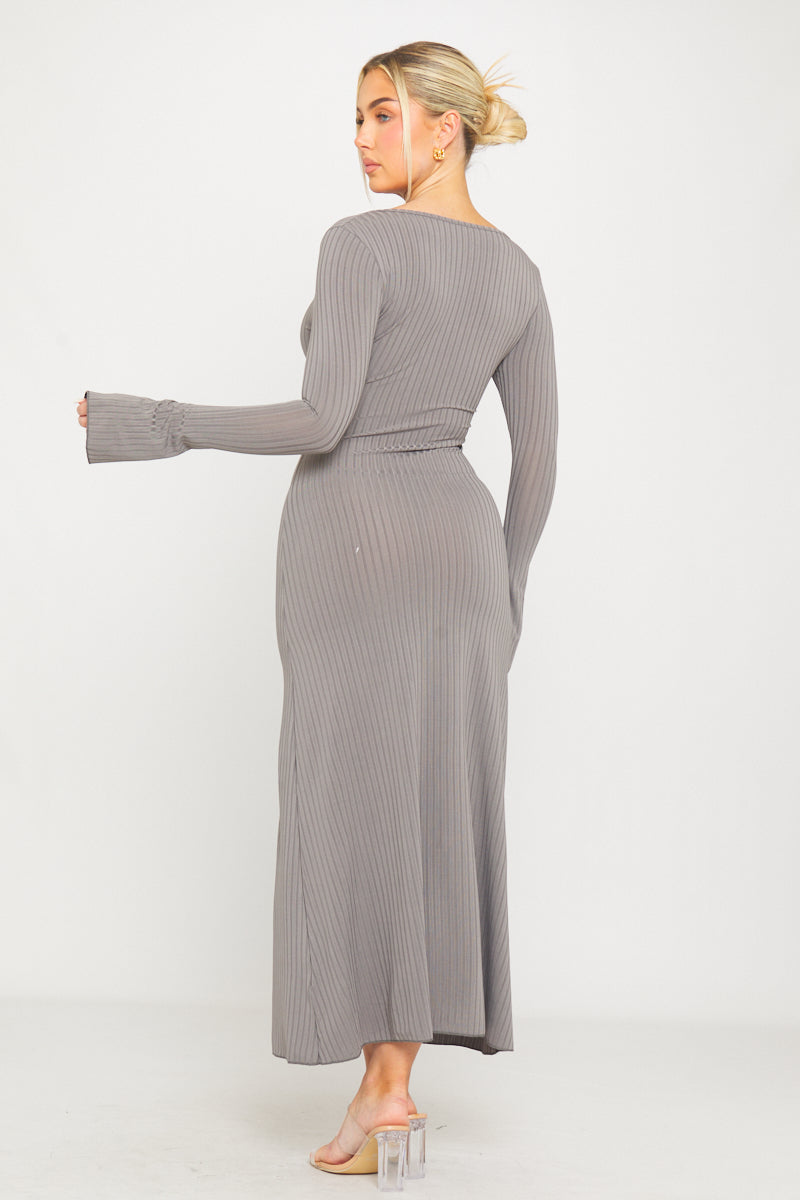 Grey Rib-Knit Fishtail Square-Neck Maxi Dress - AMRONI