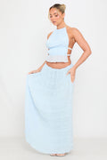 Ruched Sheer Halter Top & Maxi Skirt Co-Ord in Light Blue