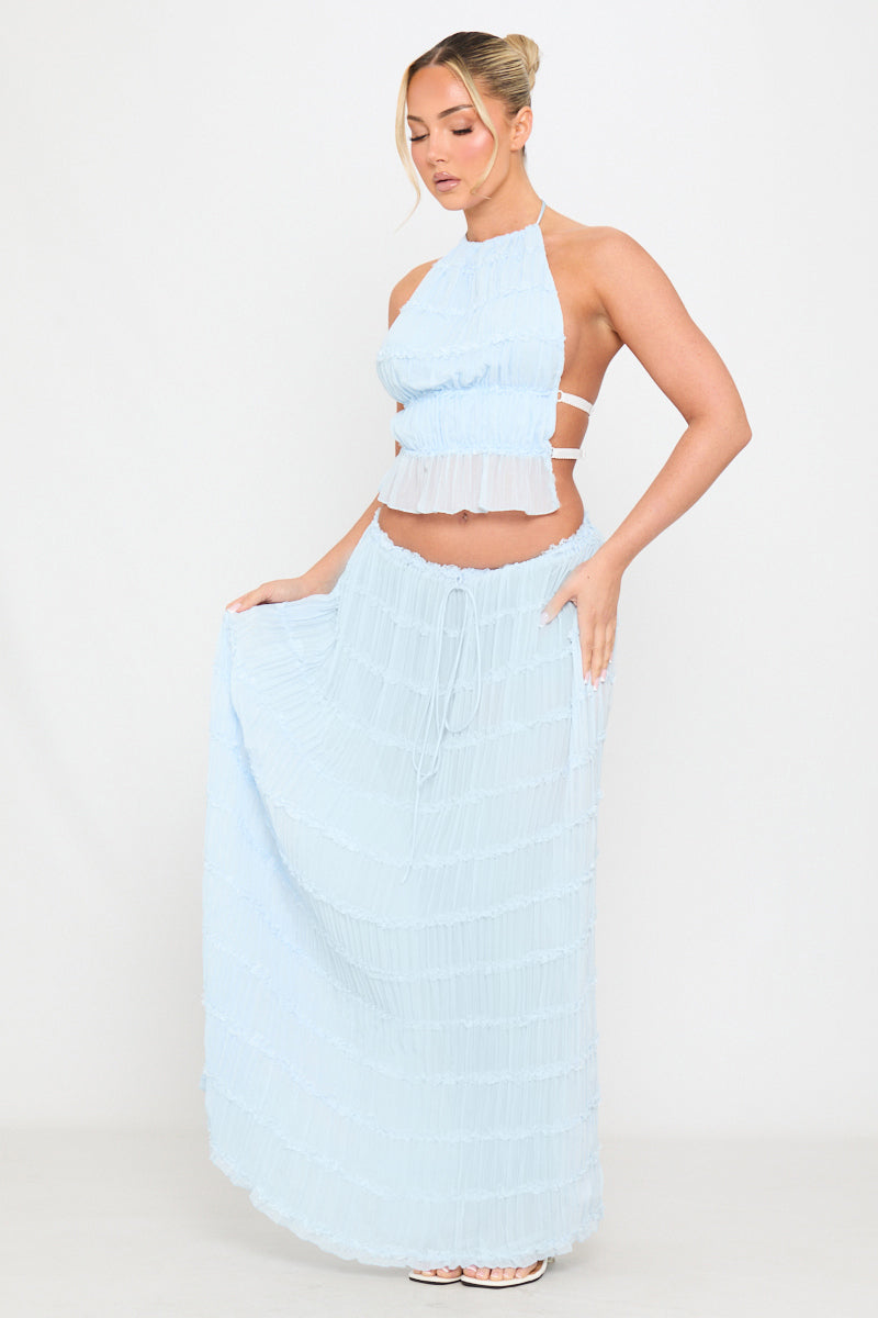 Ruched Sheer Halter Top & Maxi Skirt Co-Ord in Light Blue