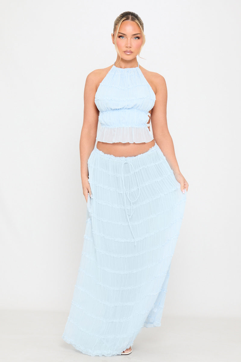 Ruched Sheer Halter Top & Maxi Skirt Co-Ord in Light Blue